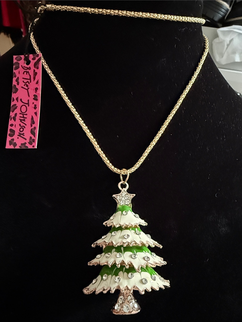 NWT Retired Betsy Johnson Glitz Enamel Christmas Tree Necklace 16”